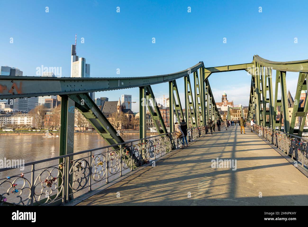 panoramic view of Frankfurt am Main, with pedestrian bridge Eiserner