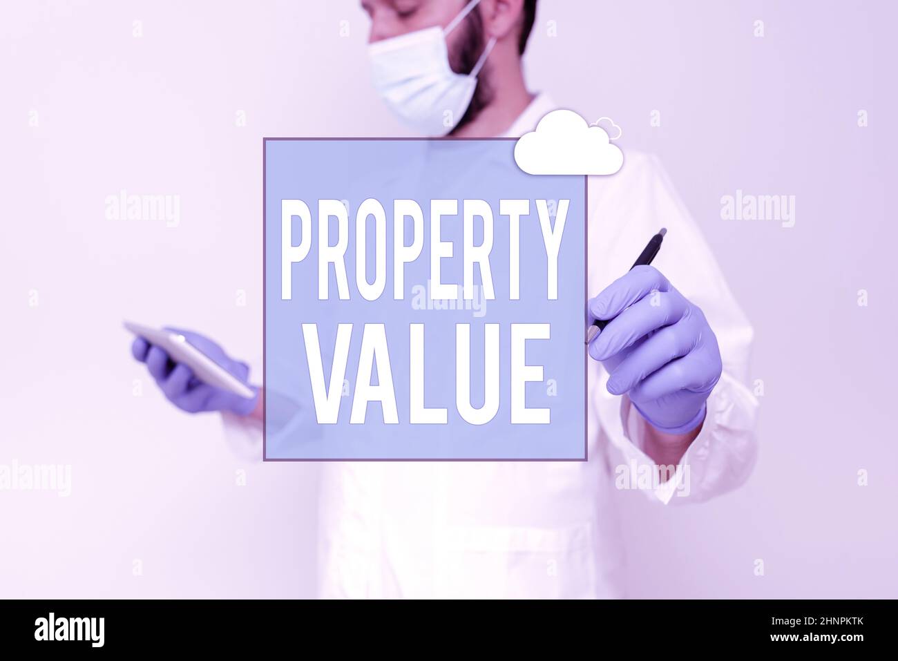 Text showing inspiration Property Value, Business idea Worth of a land Real estate appraisal Fair market price Scientist Demonstrating New Technology, Stock Photo