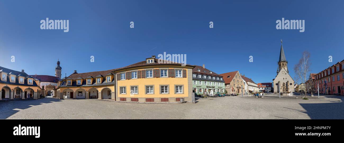 in the town central square of Weikersheim with castle entrance along the romantic road. Stock Photo