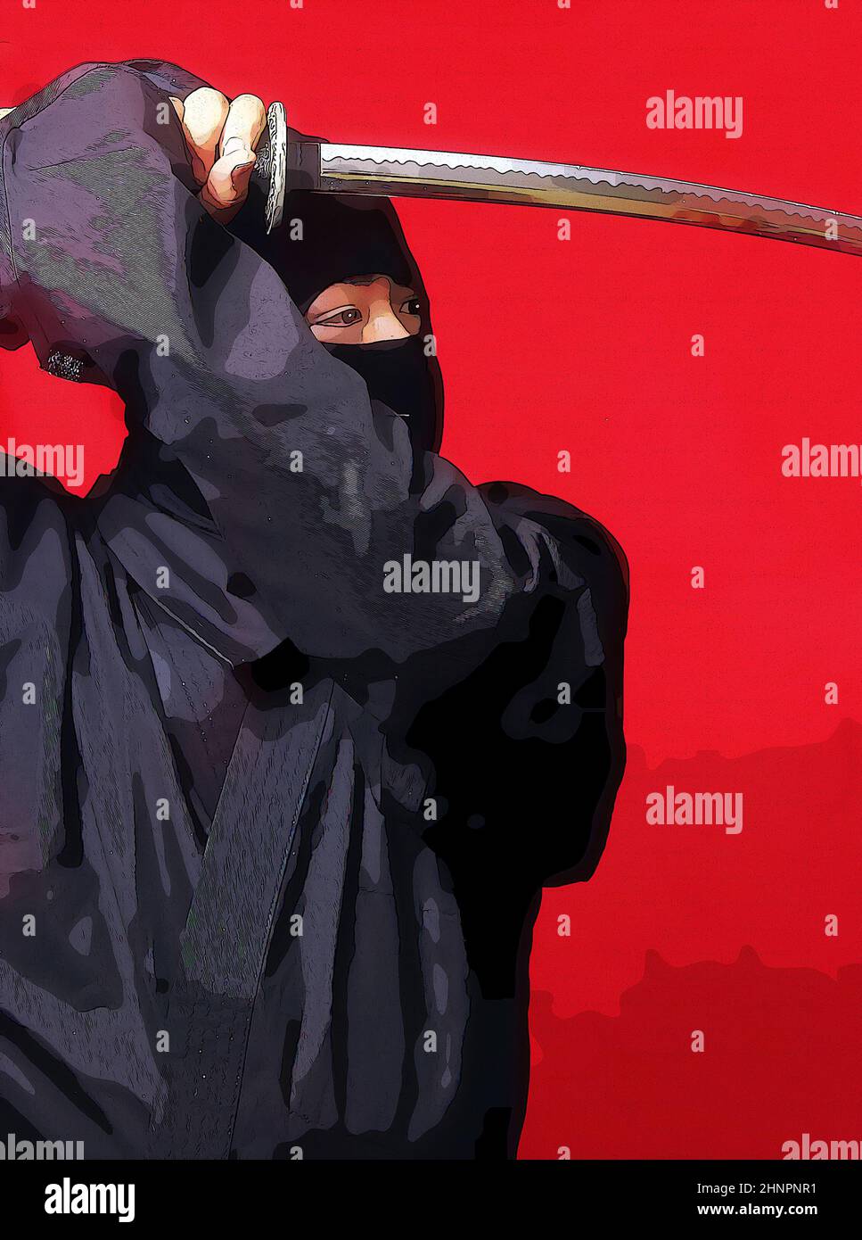 Ninja With Throwing Star Weapon and Red Background Stock Photo