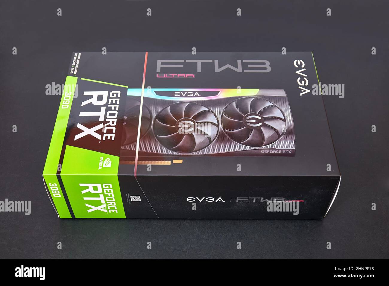 EVGA Geforce RTX 3090 Nvidia GPU box on a desk Stock Photo