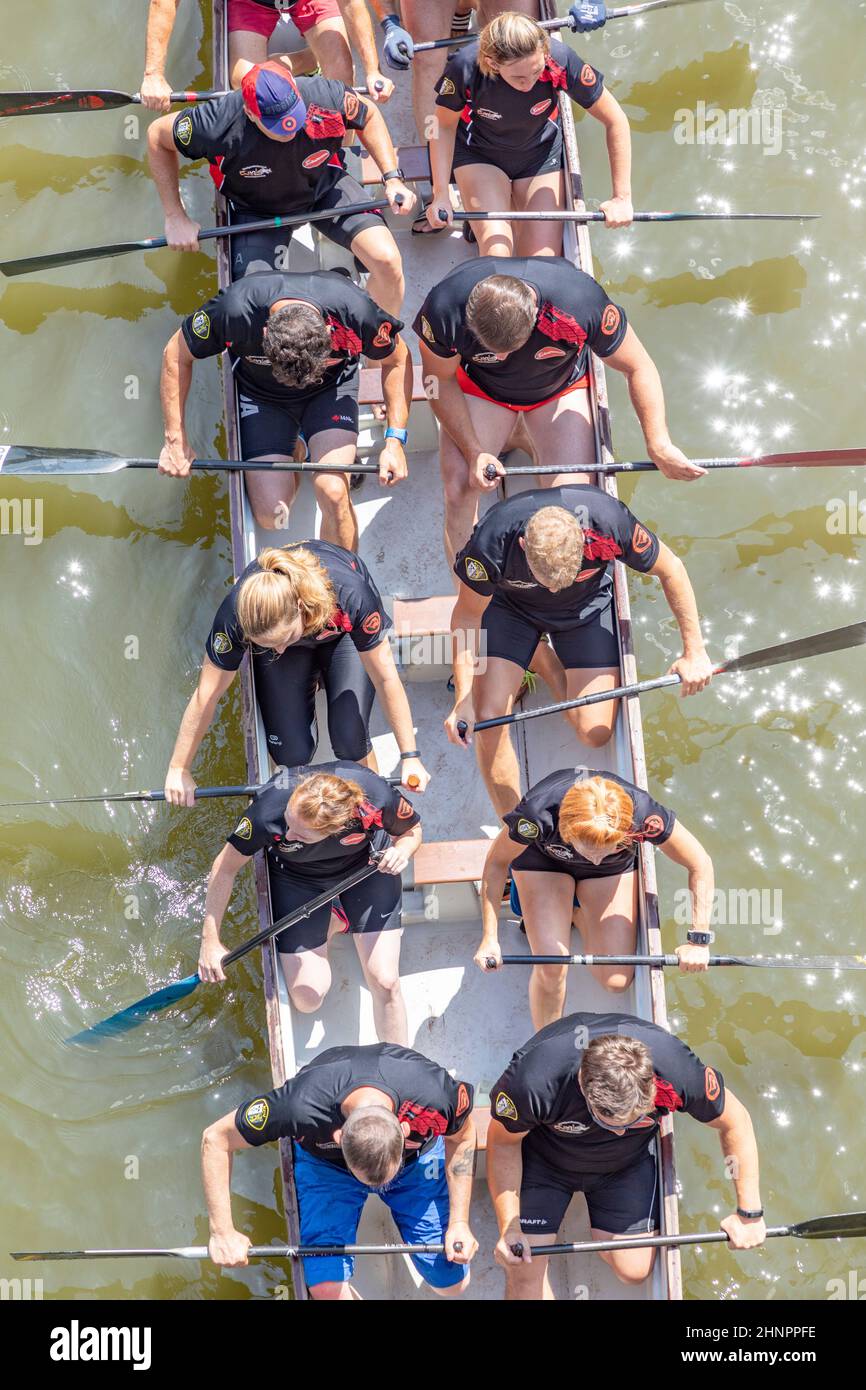 famous .dragon boat race takes place at river Saar Stock Photo