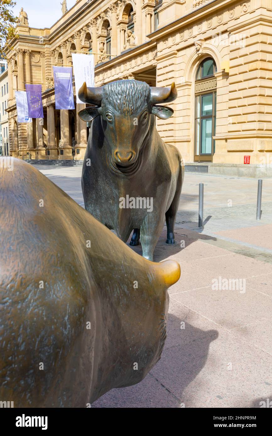 Bear and Bull sculpture in front of Frankfurt Stock Exchange building. The stock exchange donated the sculptures in 1985 to city of Frankfurt Stock Photo