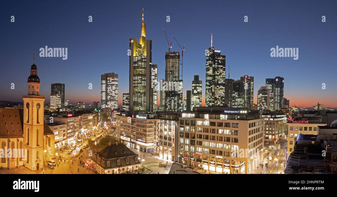 scenic skyline of Frankfurt am Main with  central guard house and people walking at Zeil, the shopping mall. Stock Photo