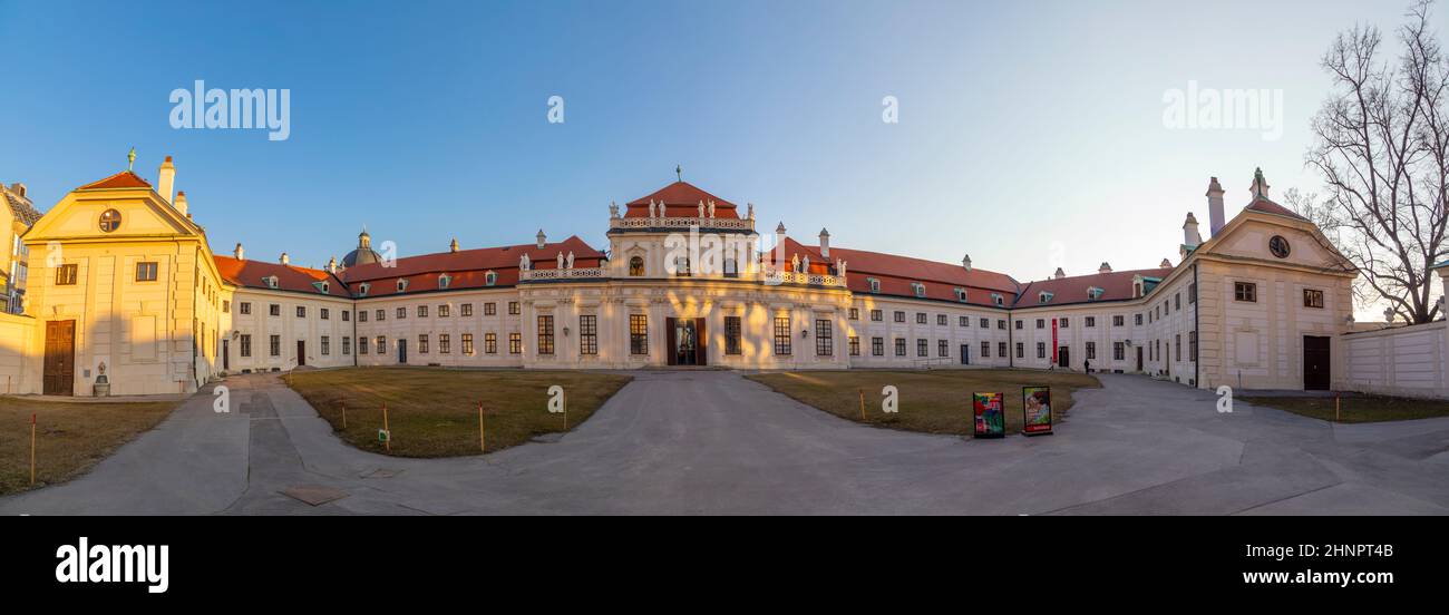 Baroque palace Belvedere is a historic building complex in Vienna, Austria, consisting of two Baroque palaces with garden between them Stock Photo