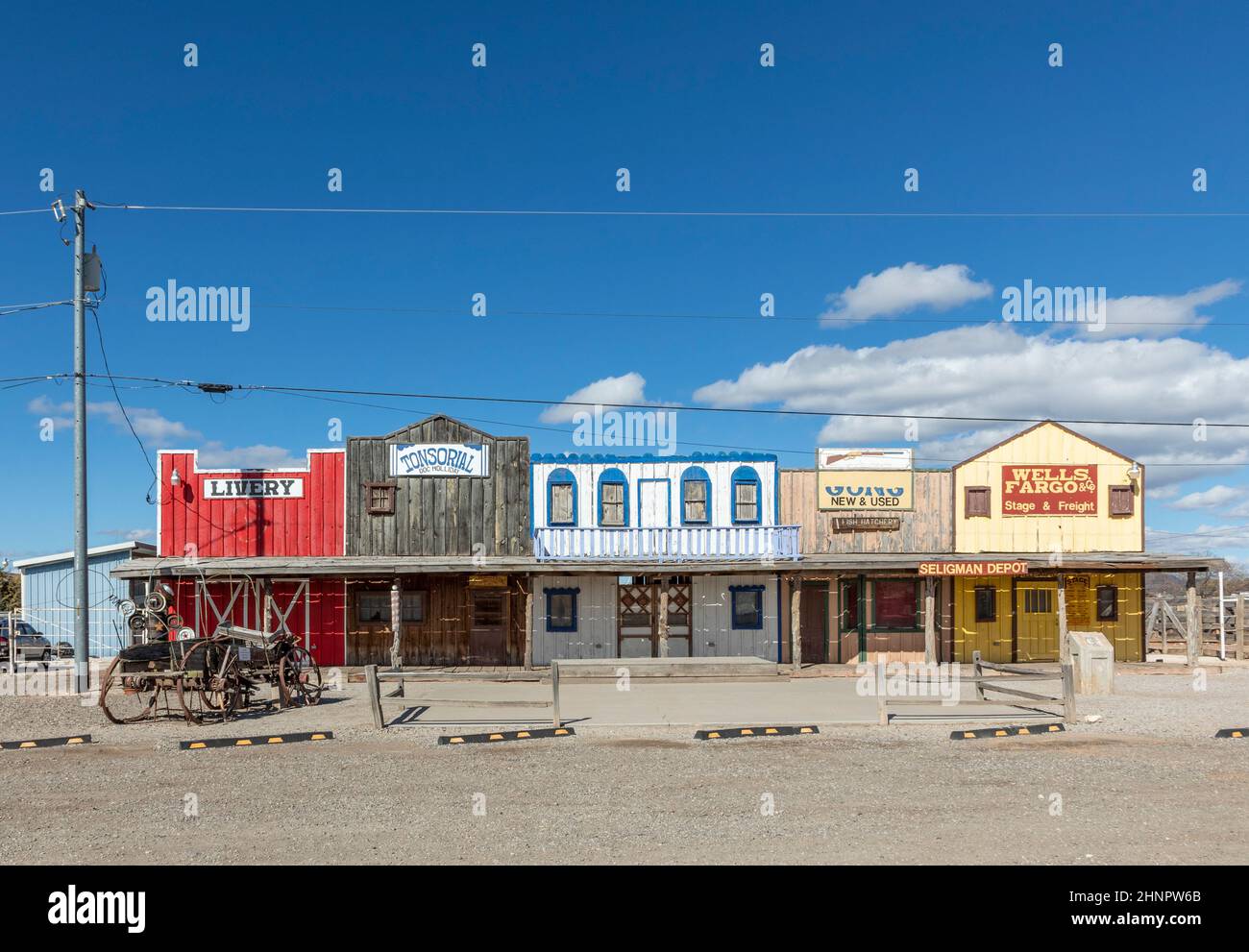 View on historic wild west facade with livery and tonsorial of Doc Holliday Stock Photo