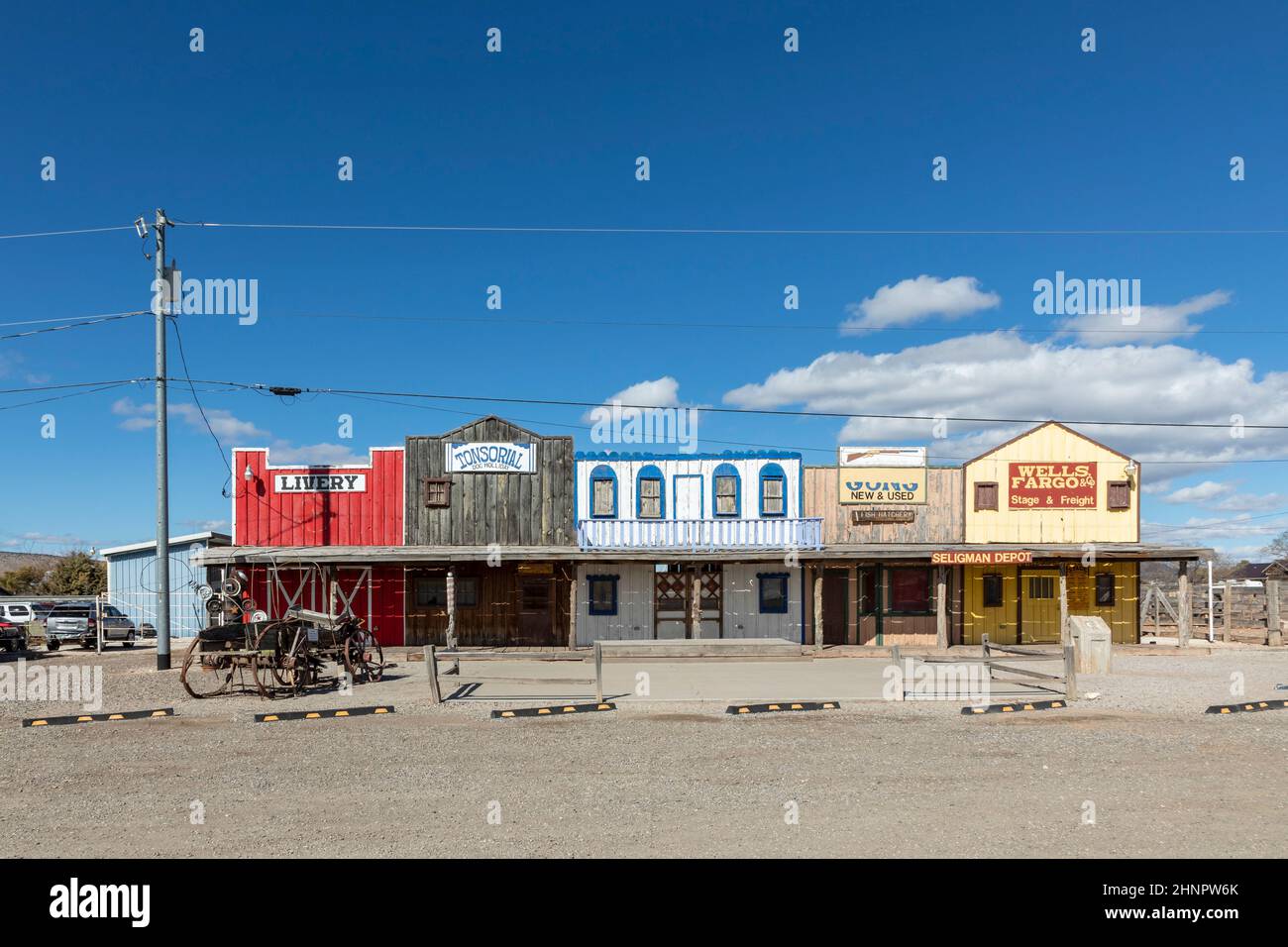 View on historic wild west facade with livery and tonsorial of Doc Holliday Stock Photo