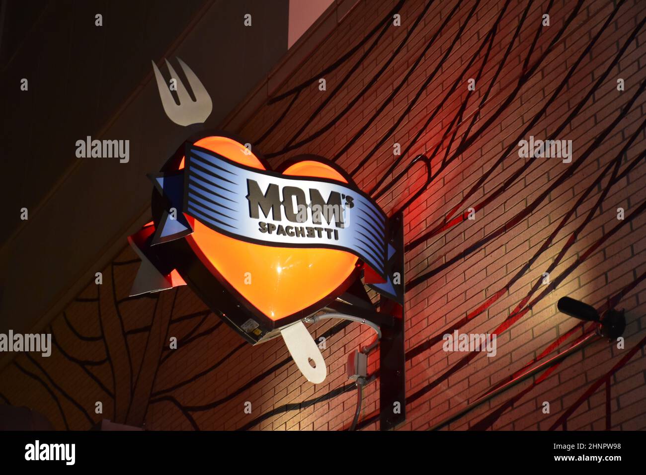 Exterior sign at Mom's Spaghetti restaurant in downtown Detroit, Michigan. Stock Photo