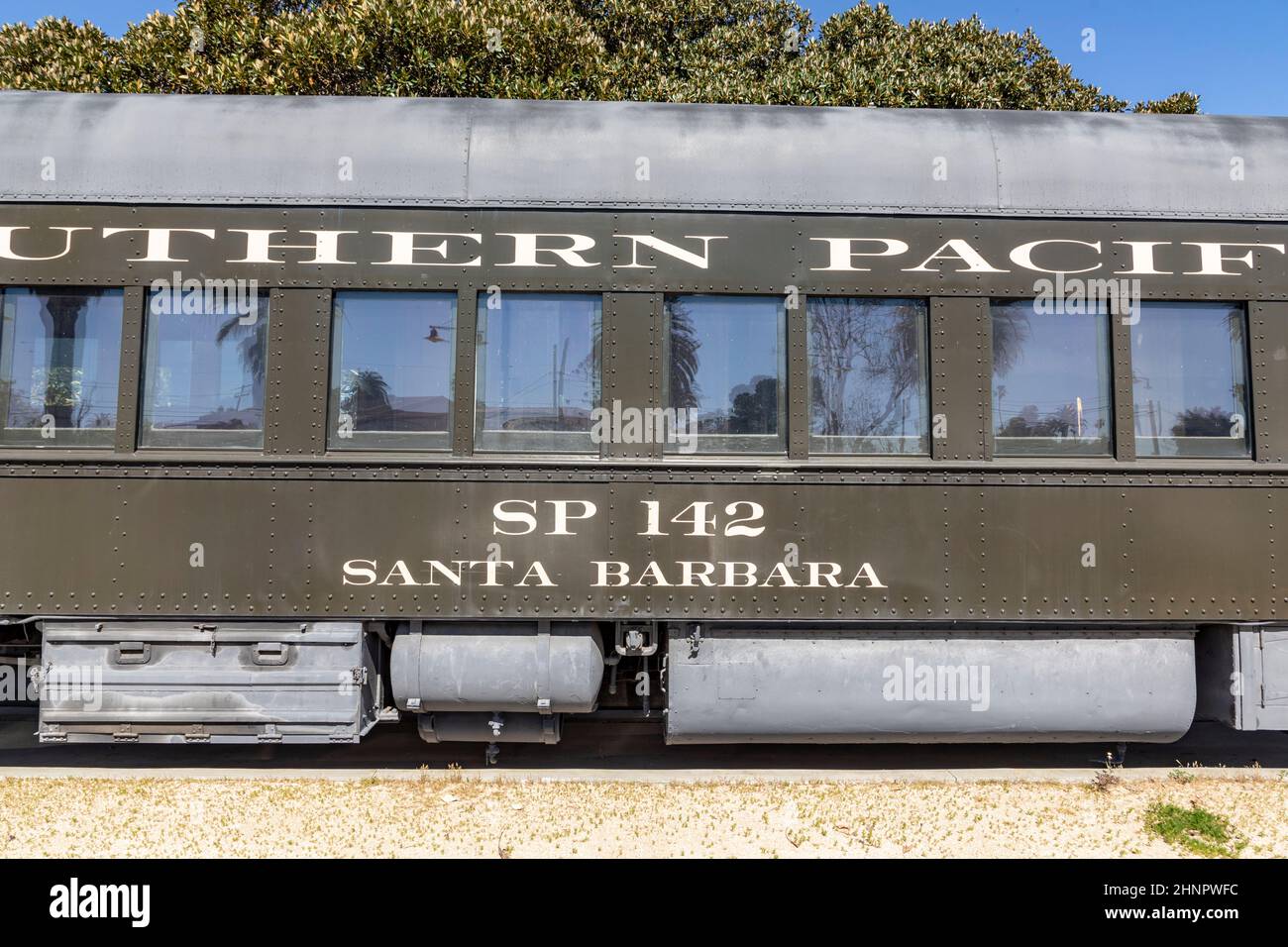 old vintage train wagon from the Southern pacific company at train station in Santa Barbara Stock Photo