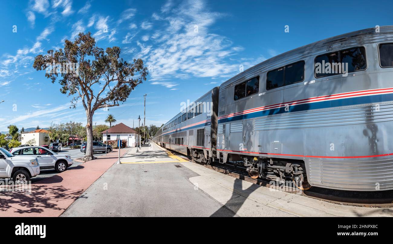 old mexican train station at San Luis Obispo. The pacific dreamliner line serves San Diego to San Luis Obispo Stock Photo