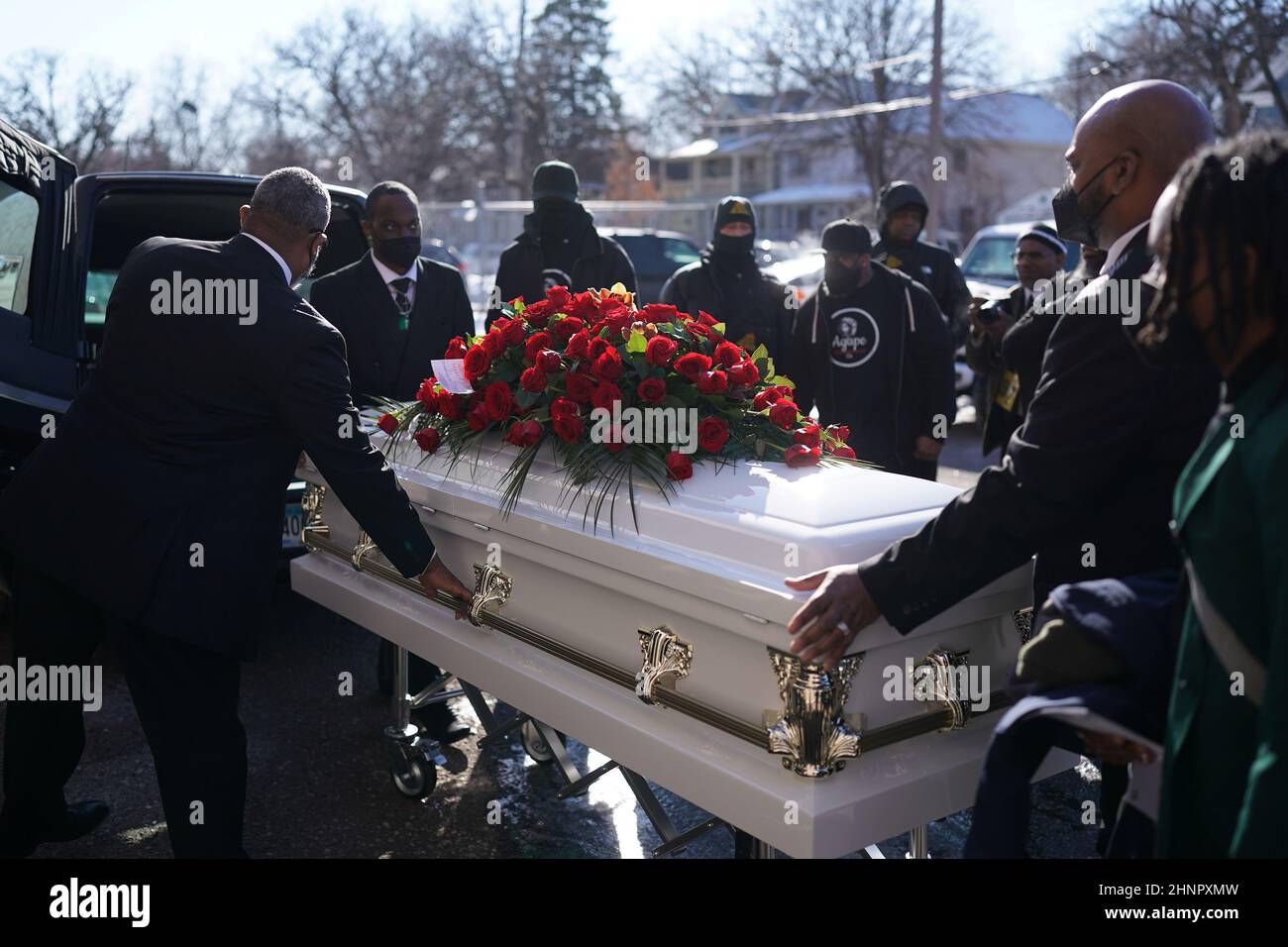 The casket of Amir Locke, a Black man who was shot and killed by  Minneapolis police, is brought to the hearse at the Shiloh Temple  International Ministries in Minneapolis, Minnesota, U.S., February