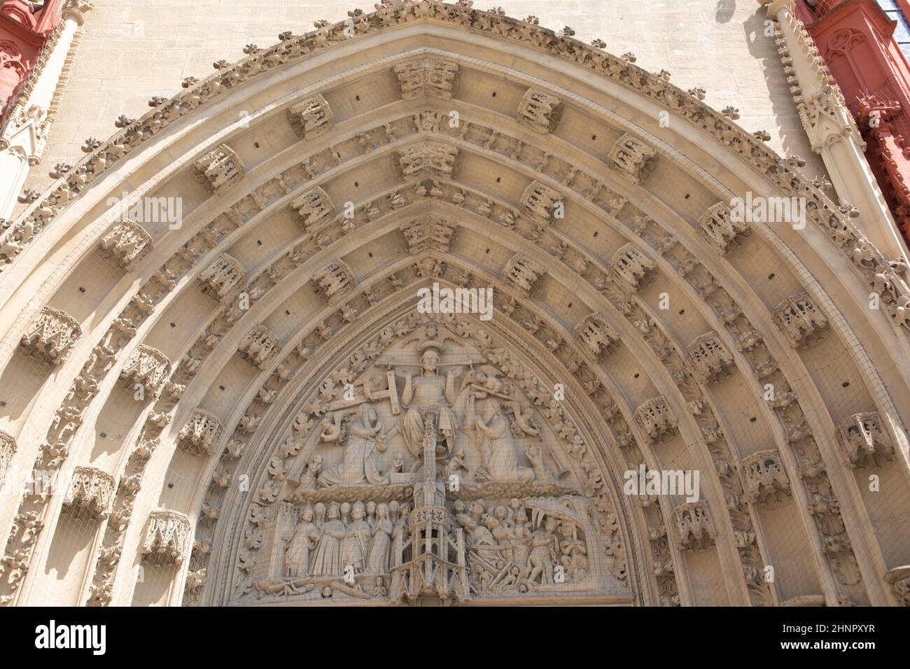 the tympanum shows the Coronation of the Virgin portal of the Marienkapelle in Wurzburg, Bavaria, Germany Stock Photo