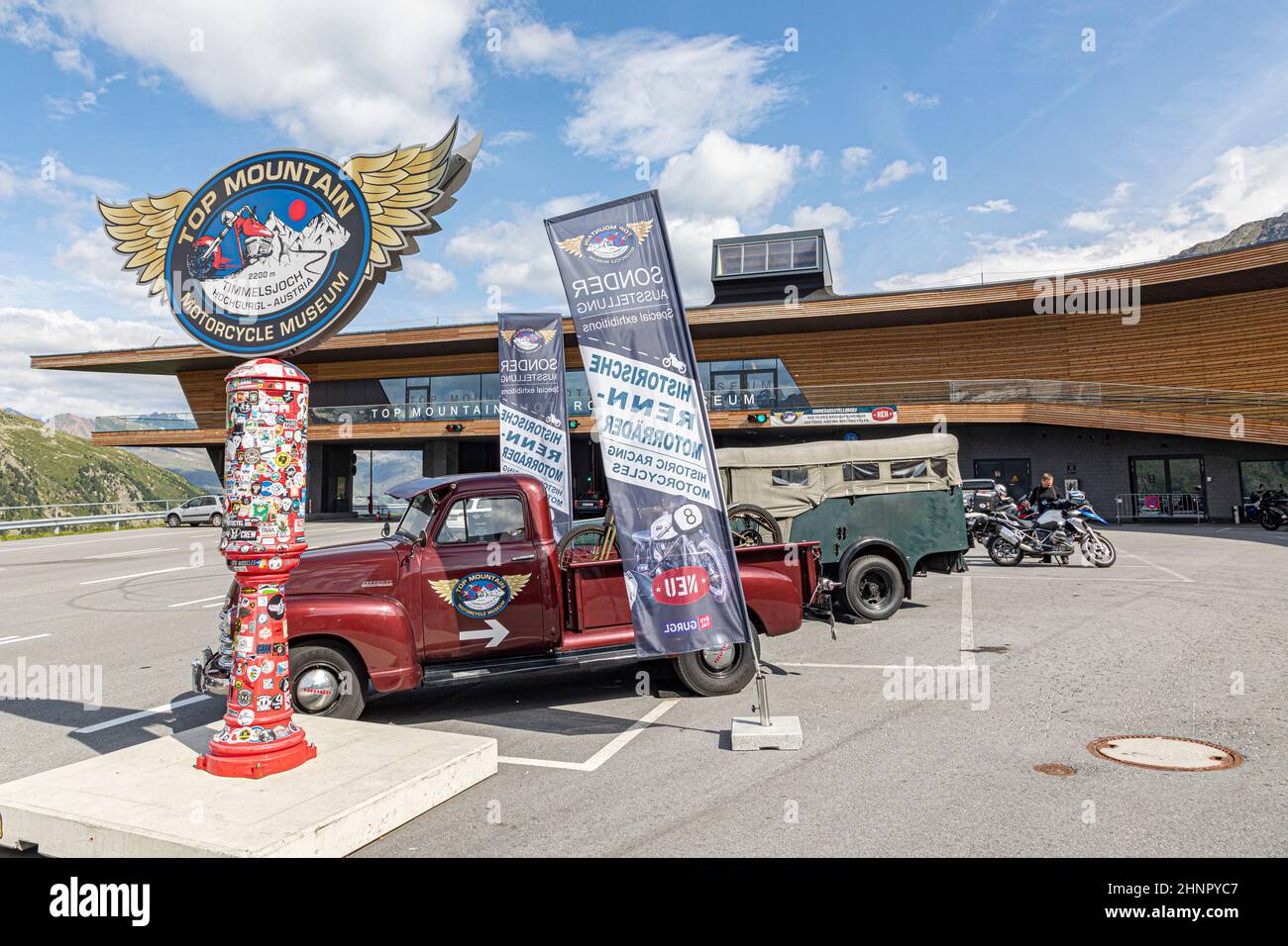 famous Hochgurgl Motorcycle museum at Fernpass Street high alpine Road in Austria, Oetztal Alps, South Tyrol. Stock Photo