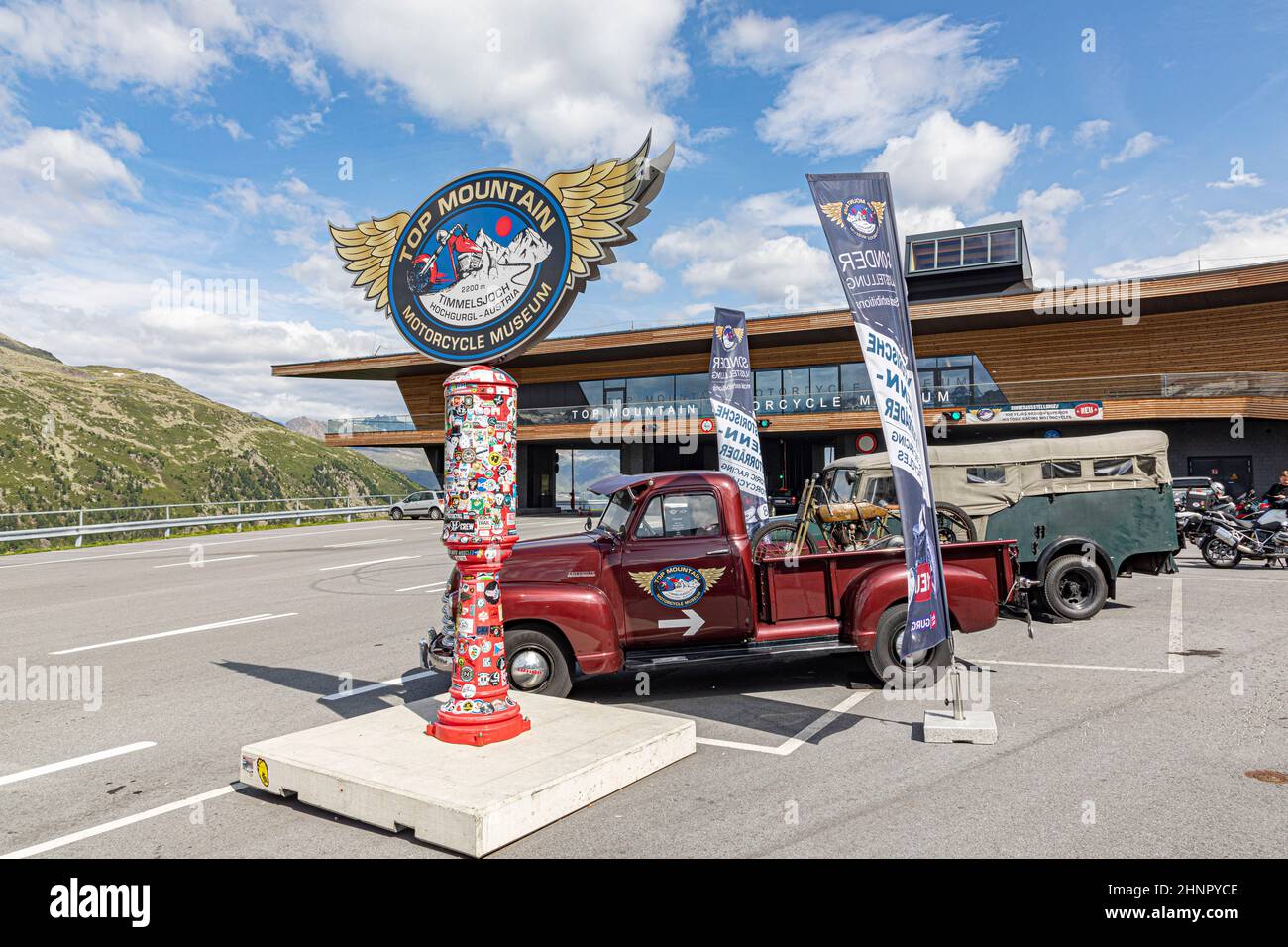 famous Hochgurgl Motorcycle museum at Fernpass Street high alpine Road in Austria, Oetztal Alps, South Tyrol. Stock Photo