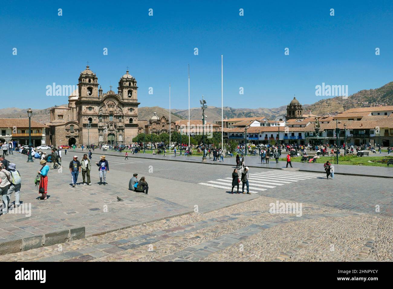 The main square of Cusco, Plaza de Armas with its famous landmark, Cusco Cathedral, Cusco, Peru, South America Stock Photo