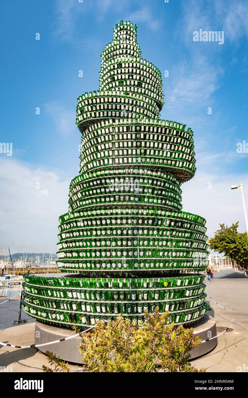Monument made with cider bottles in Gijon, Spain Stock Photo