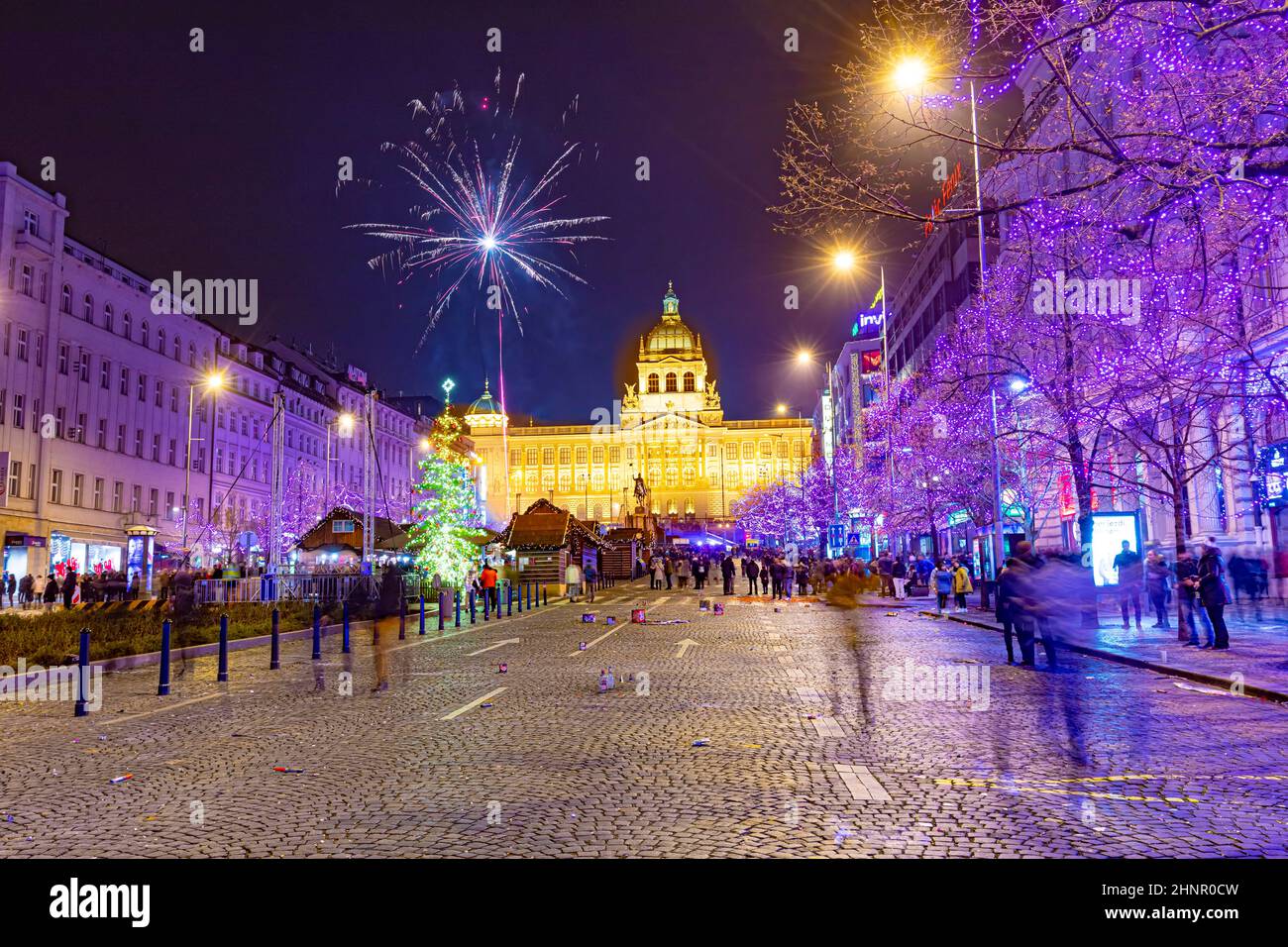 Prague, Czechia - January 1, 2010:  Large celebration of the New year 2019 on the main Prague square, the Wenceslas square. Hundreds of people were lunching fireworks and throwing firecrackers Stock Photo