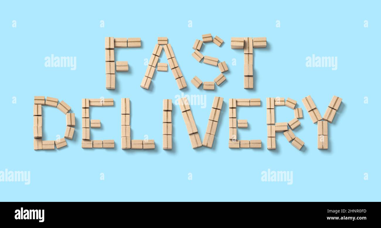 Fast delivery from cardboard boxes on a blue background. Stock Photo