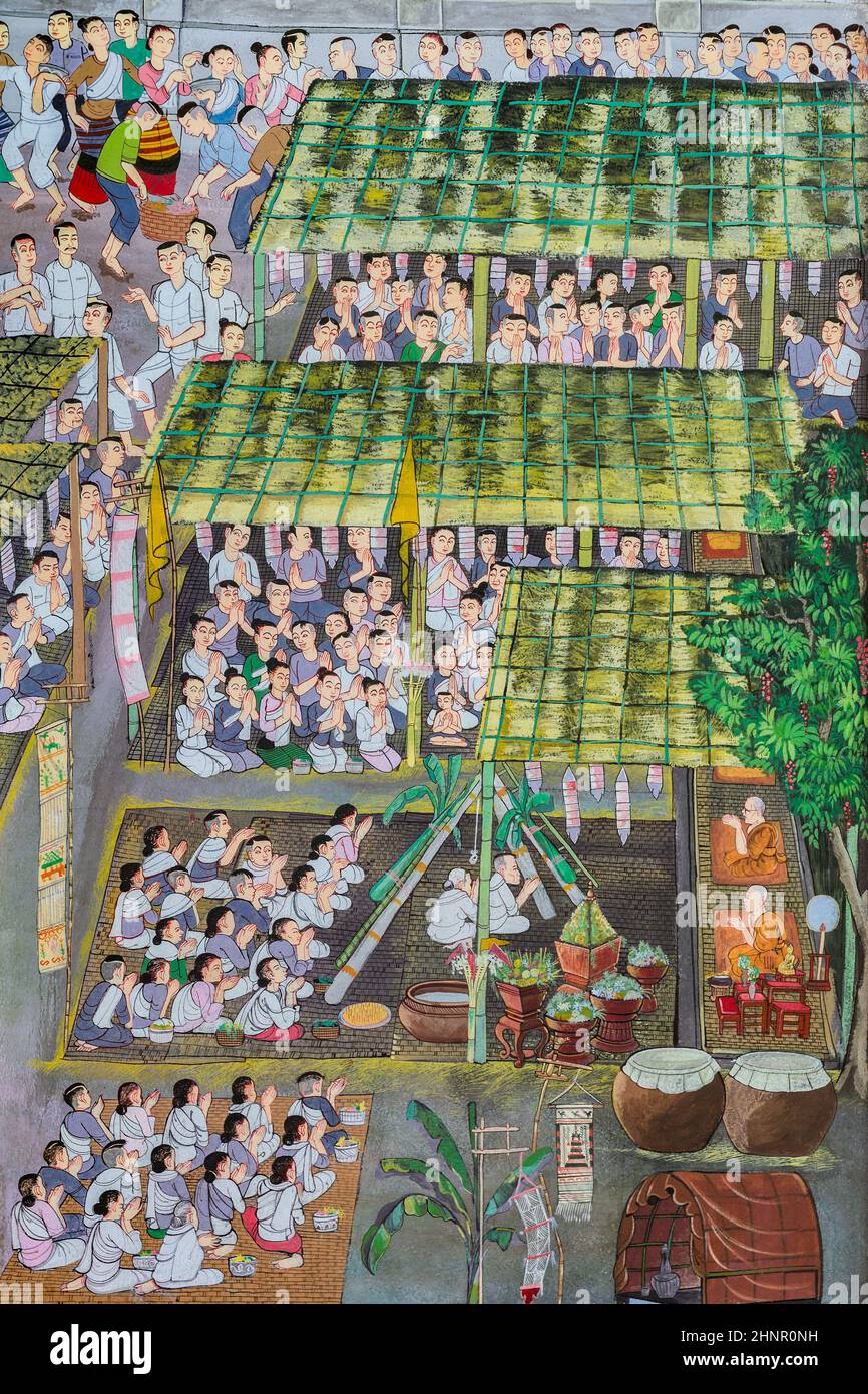 Ancient Thai Lanna style mural painting  of Buddhist festival Stock Photo