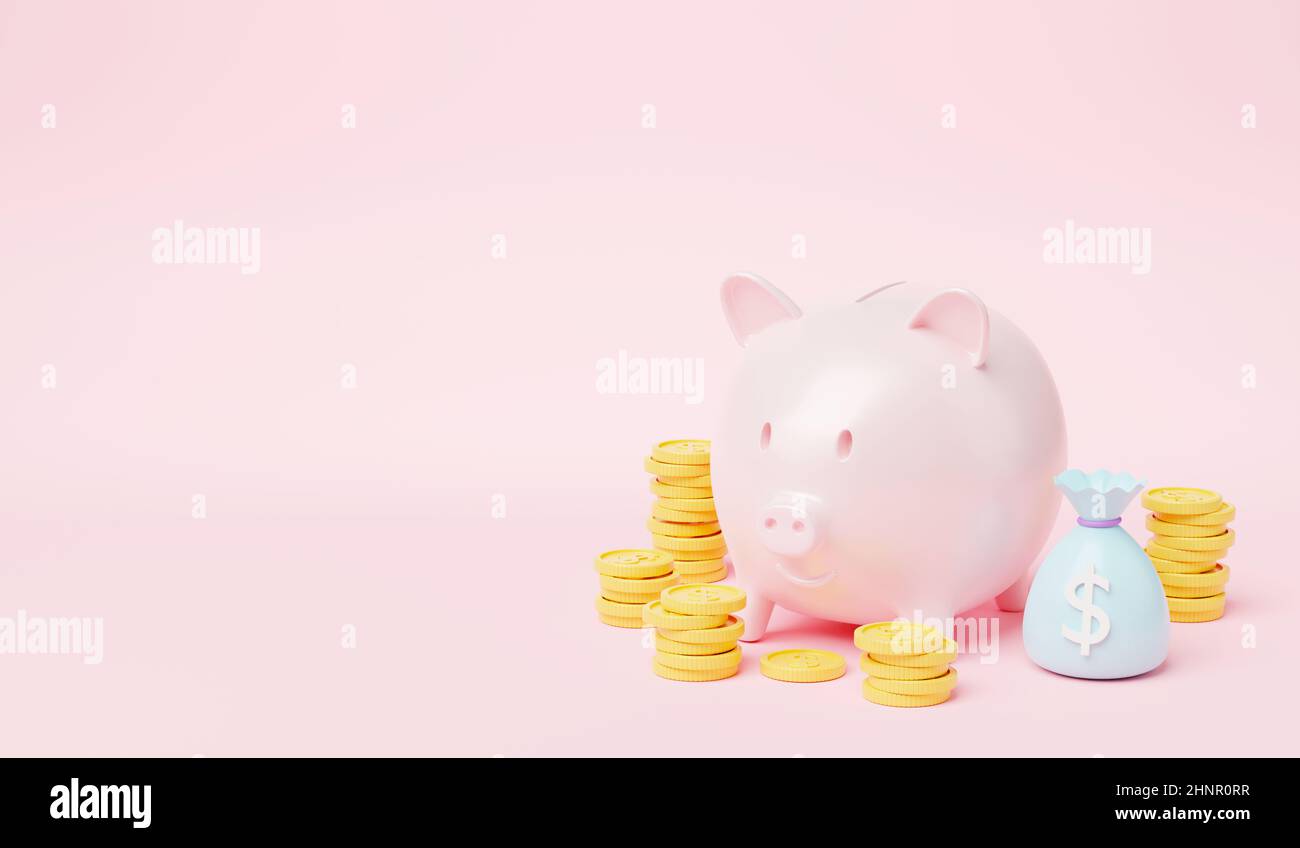Piggy bank with coin stack and money bag on pink background, fat pig ...