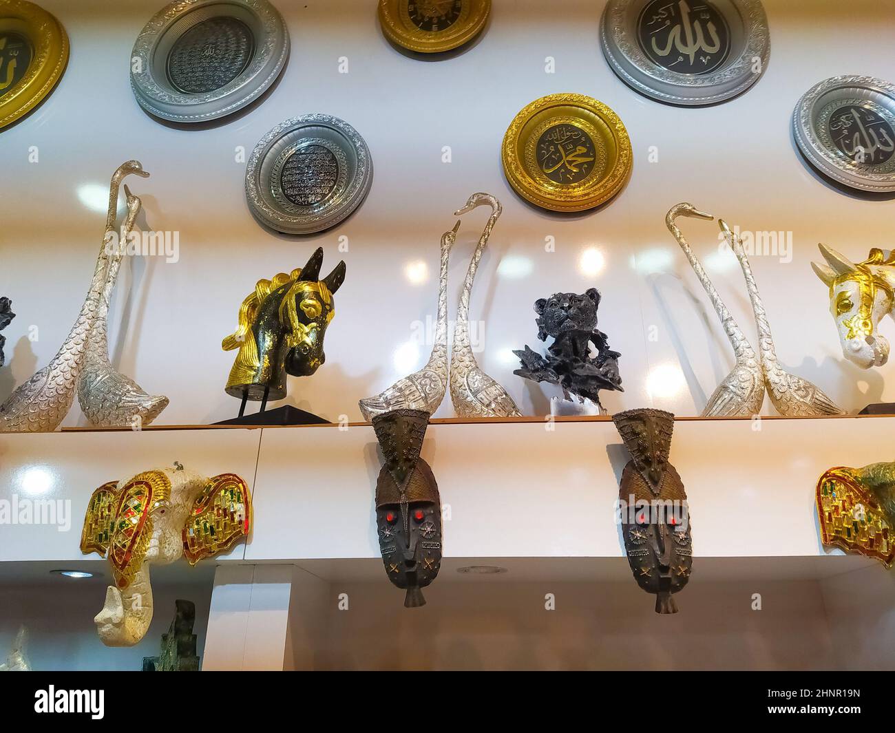 Antalya, Turkey - May 11, 2021: Metal Gift ornaments at shop at Antalya, Turkey Stock Photo