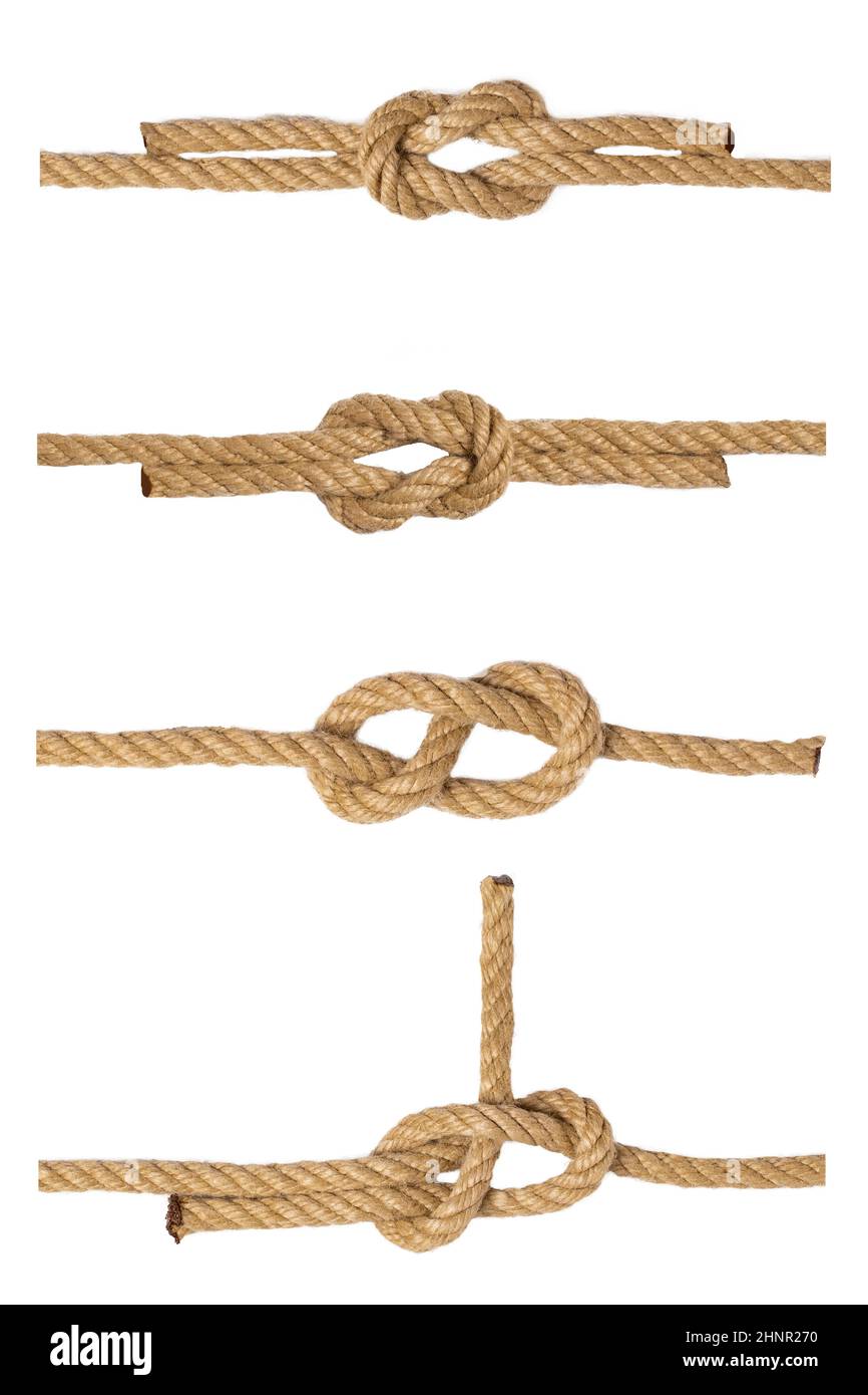 Collection ropes. Macro of figure eight node from two brown ropes, of