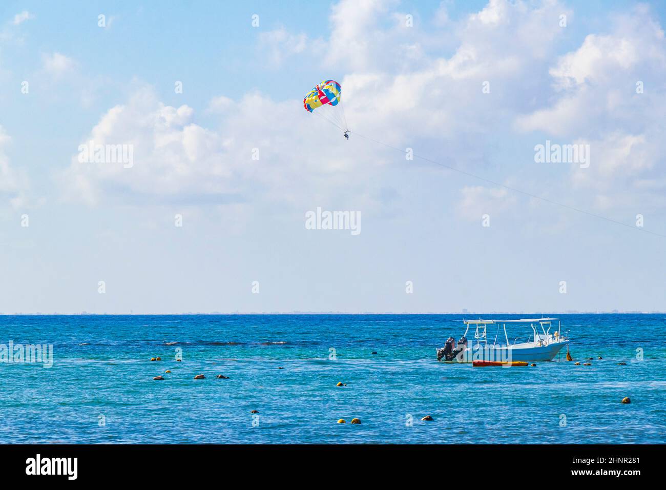 Boats yachts at Tropical mexican beach Playa del Carmen Mexico. Stock Photo
