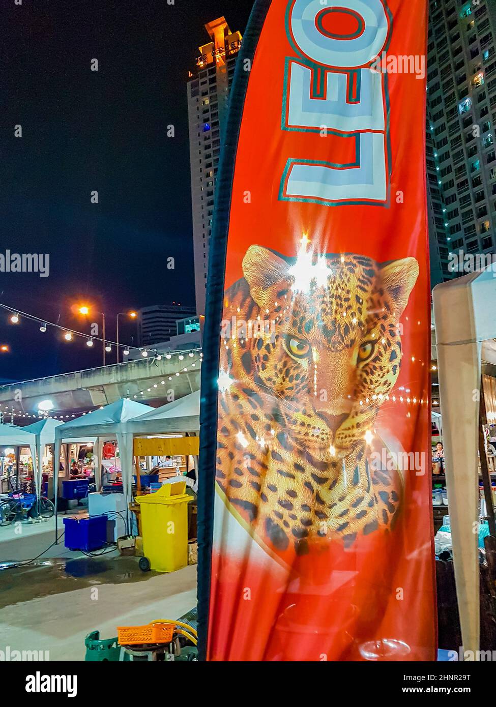 Chang Leo beer Thai night market street food, Bangkok, Thailand Stock