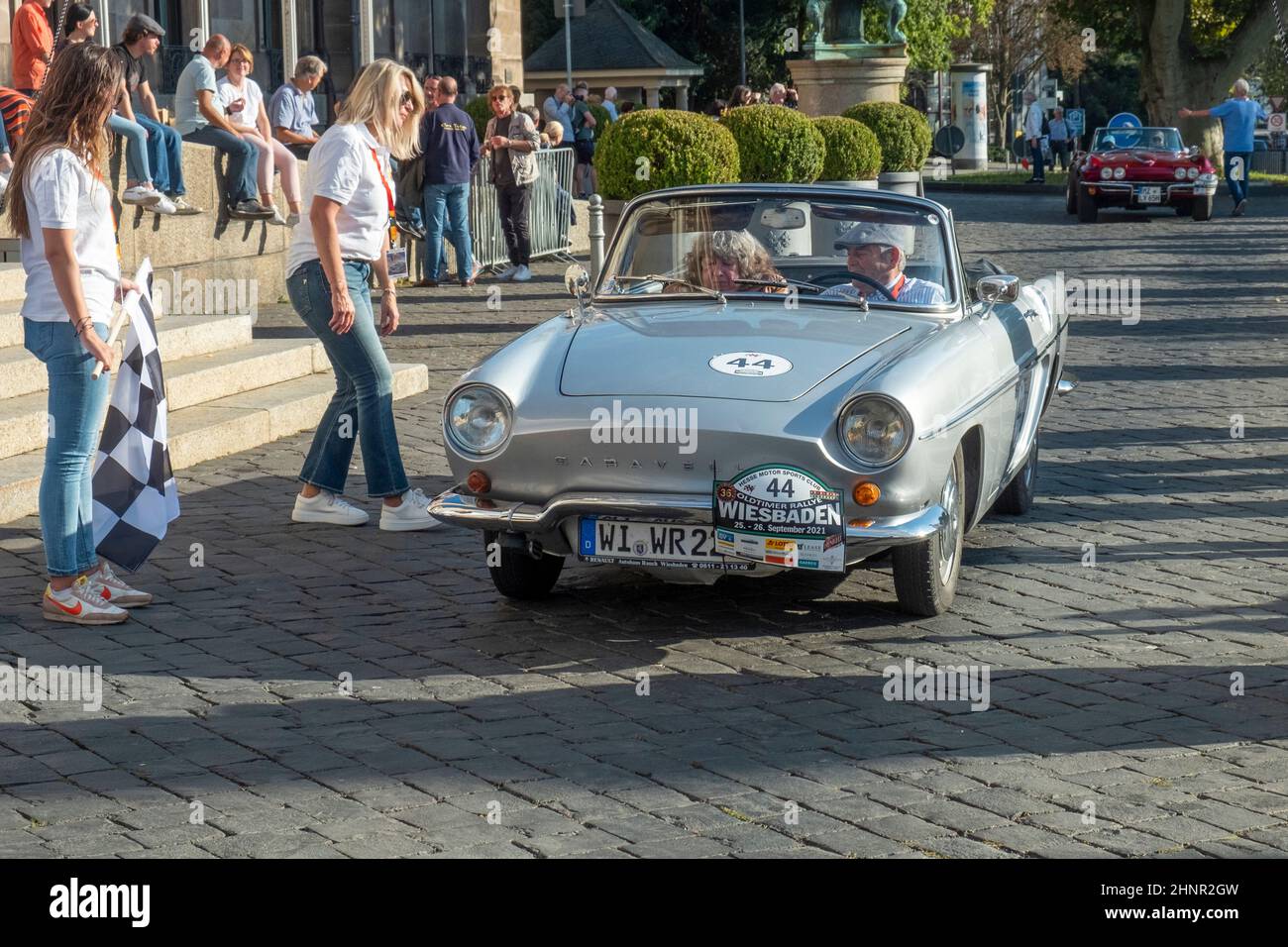 the Renault Caravelle reaches the final goal  of the Oldtimer ralley Wiesbaden in Wiesbaden after a challenge in the Rheingau, Germany Stock Photo