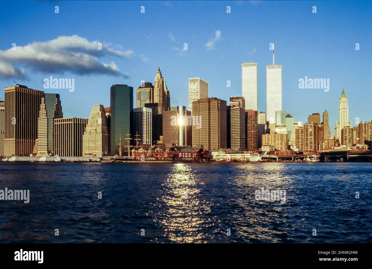 view from Brooklyn Bridge to skyscraper and twin towers Stock Photo