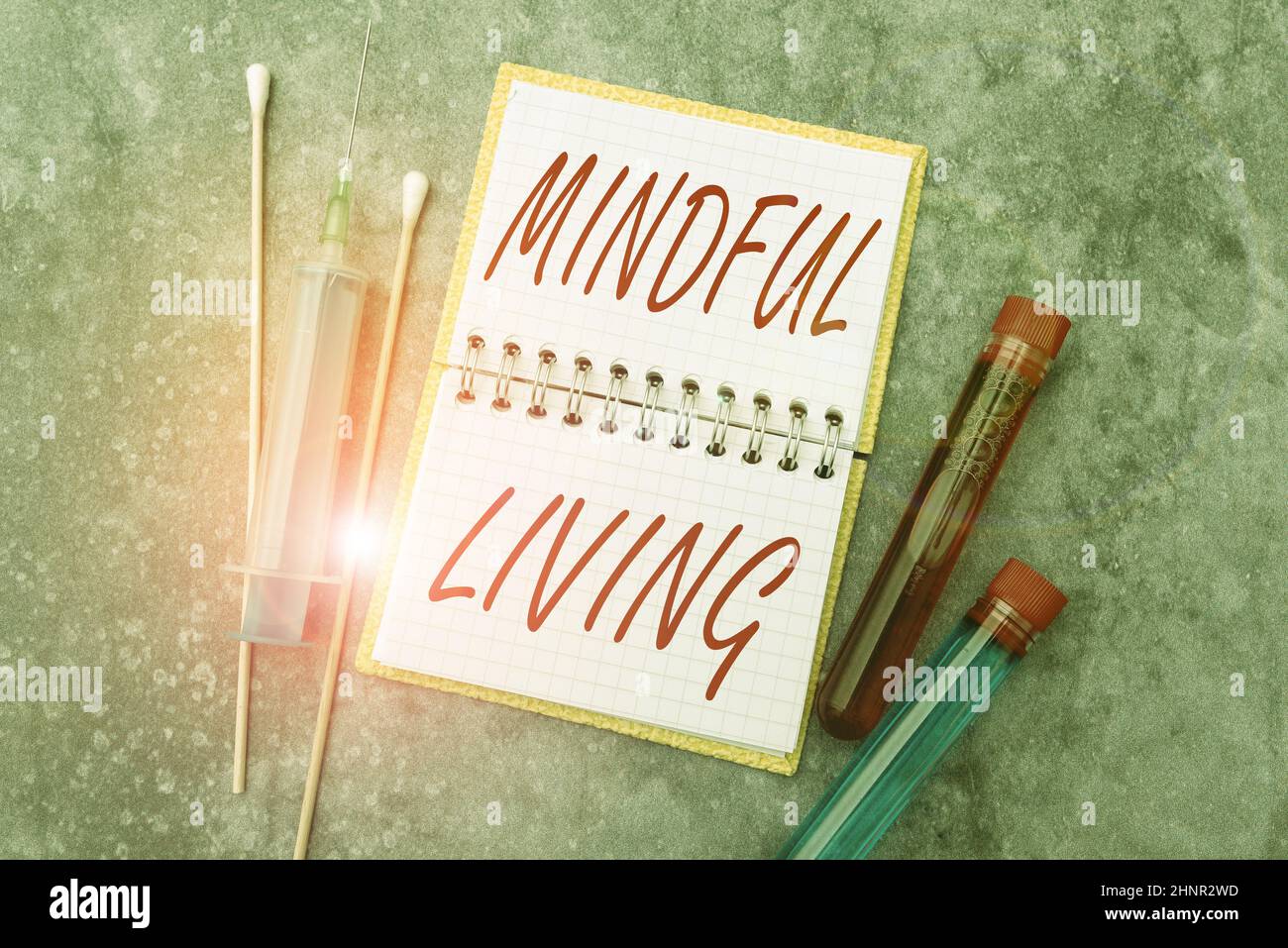 Text sign showing Mindful Living, Word for Fully aware and engaged on something Conscious and Sensible Researching Preventive Medications, Viral Infec Stock Photo