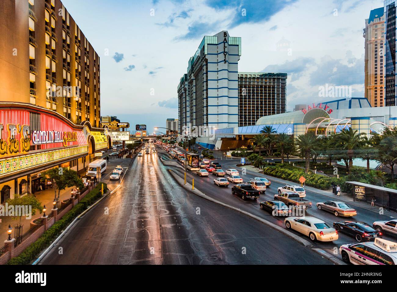 View to the Strip in Las Vegas in the evening with crs in traffic jam Stock Photo