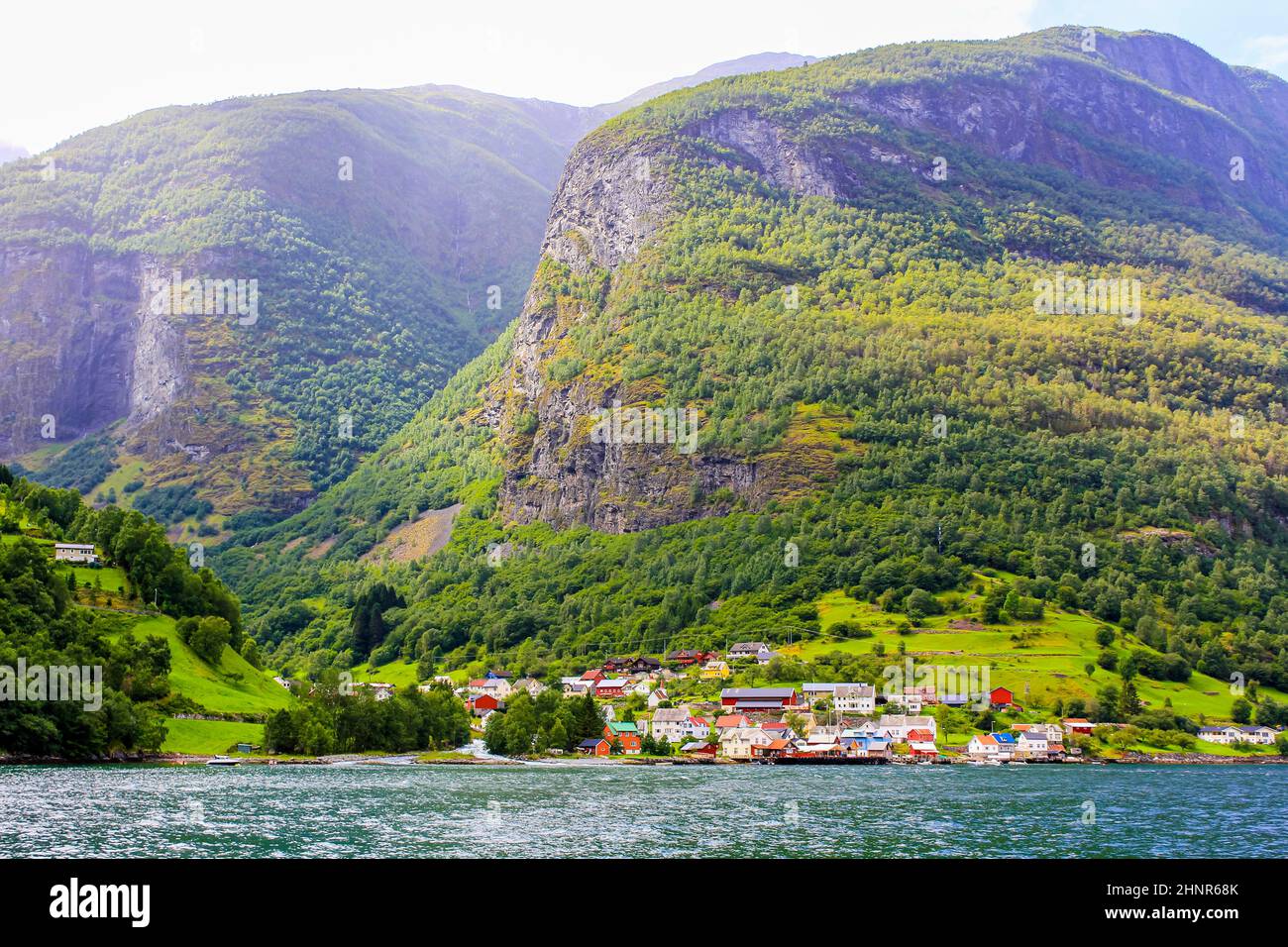 Beautiful and colorful touristic Undredal village Aurlandsfjord Aurland Vestland Sognefjord in Norway. Stock Photo