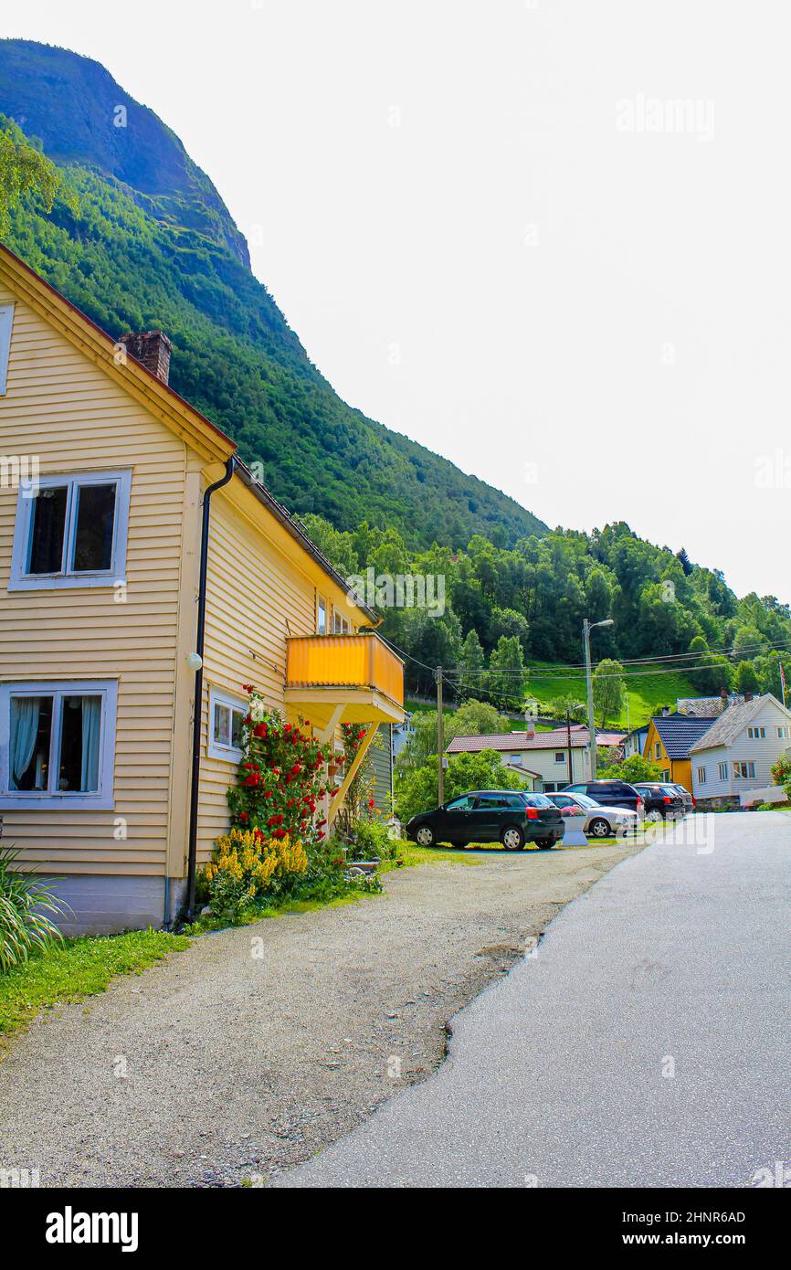 Colorful wooden houses and architecture in Undredal village Aurlandsfjord Aurland Vestland Sognefjord in Norway. Stock Photo