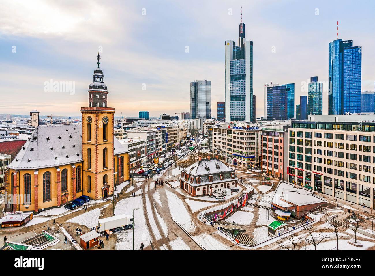 view to skyline of Frankfurt with Hauptwache and skyscraper early morning Stock Photo
