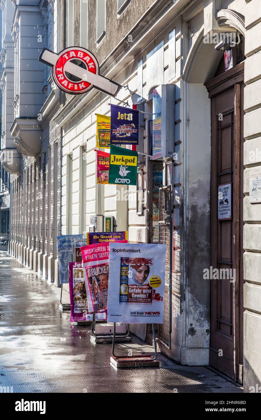 tobacco shop in early morning light in Vienna Stock Photo