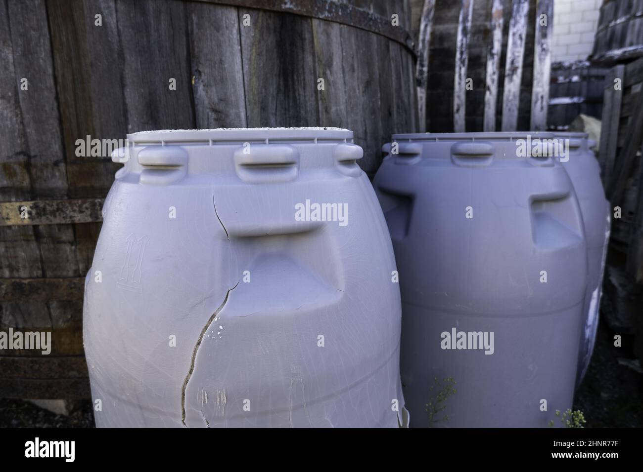 Detail of plastic barrels for storage, transport of chemicals and