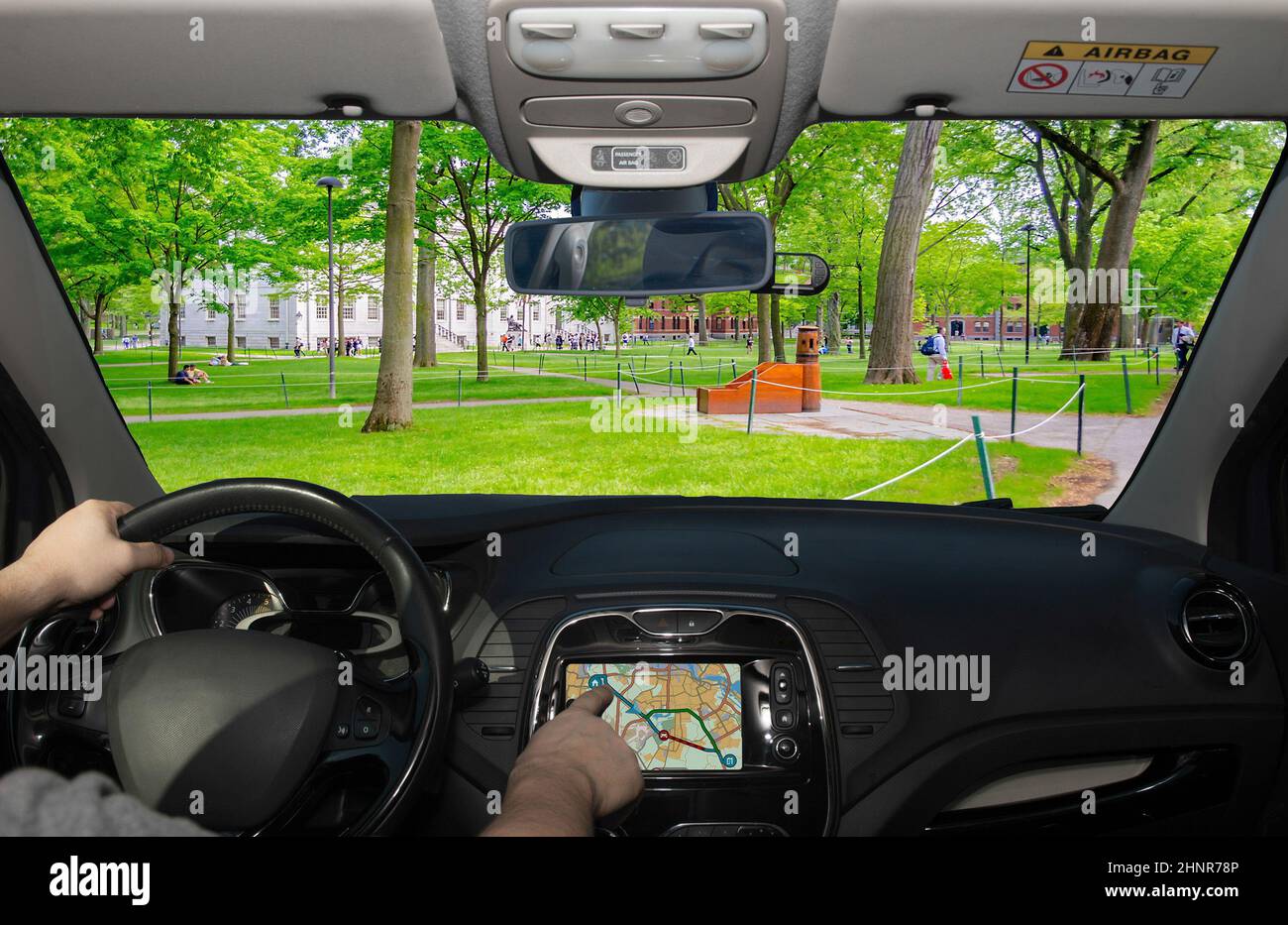 Driving using GPS in the Harvard University Campus, Cambridge, USA Stock Photo
