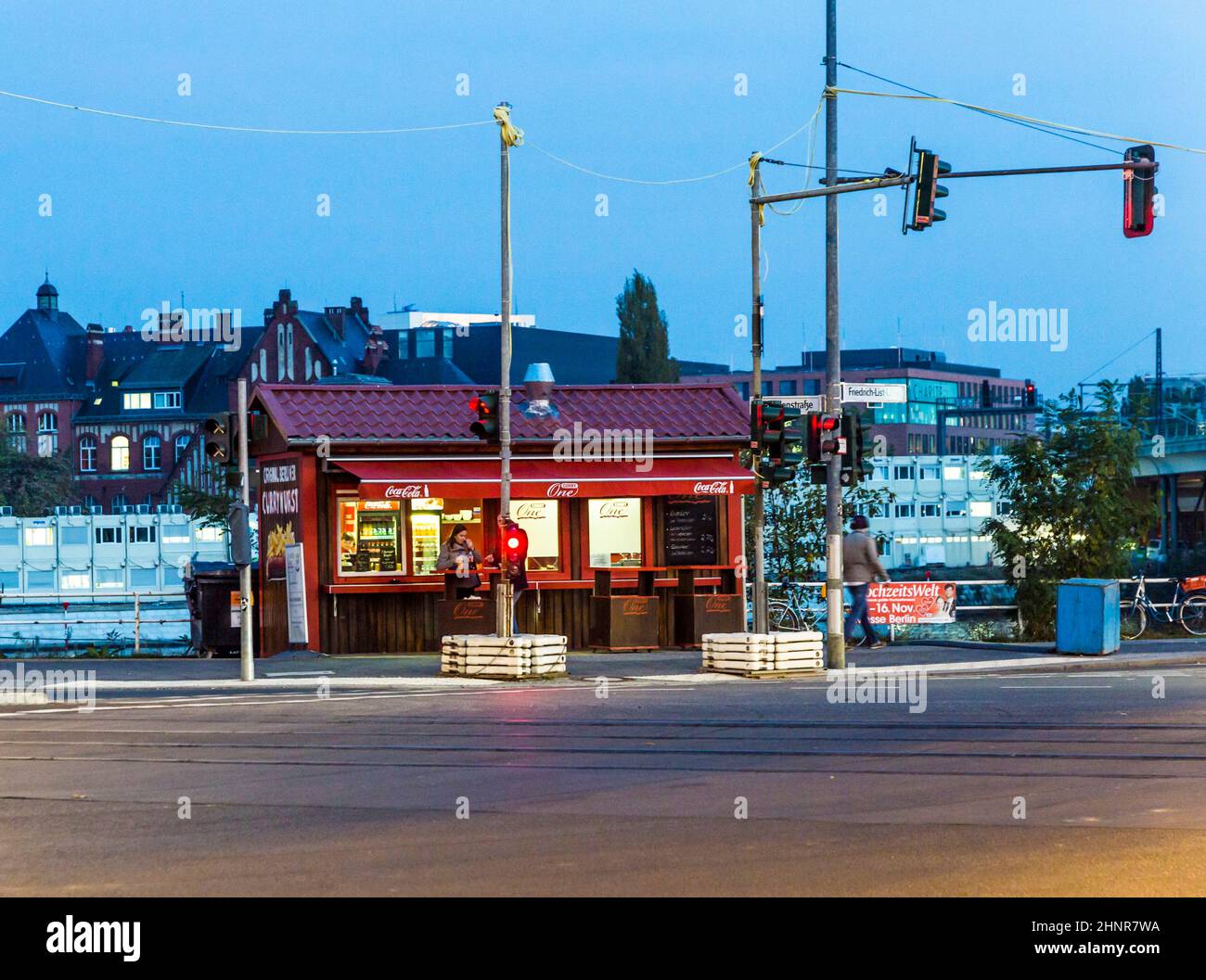 a curry sausage hut sells the berlin food speciality Currywurst Stock Photo