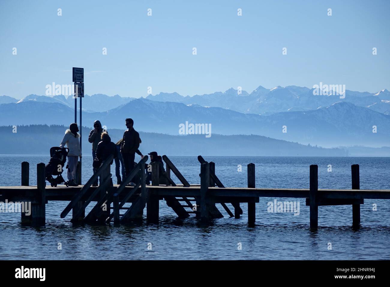 Bavaria, Upper Bavaria, Starnberger See Lake, bathing jetty, Karwendel moutains, vacation Stock Photo