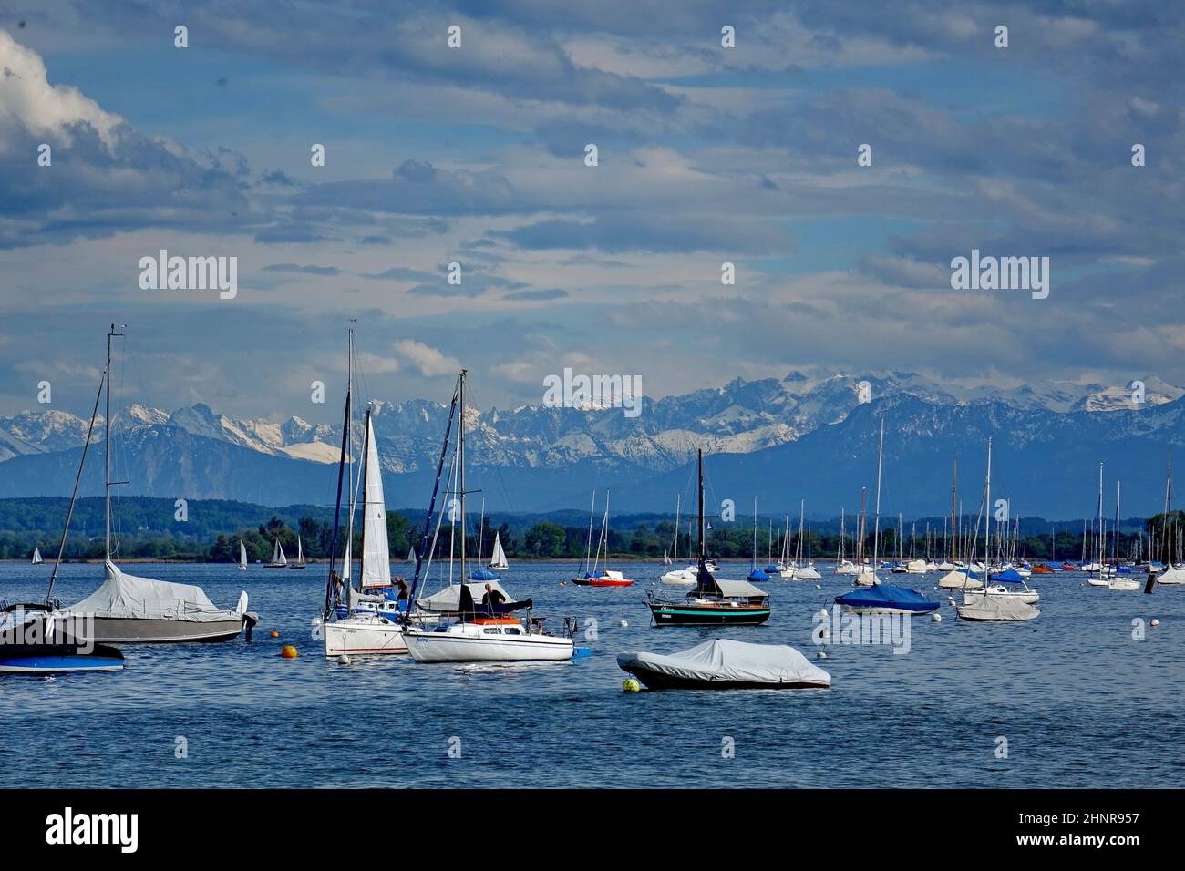 Bavaria, Upper Bavaria, Ammersee Lake, sailboats, Karwendel mountains, spring, vacation Stock Photo