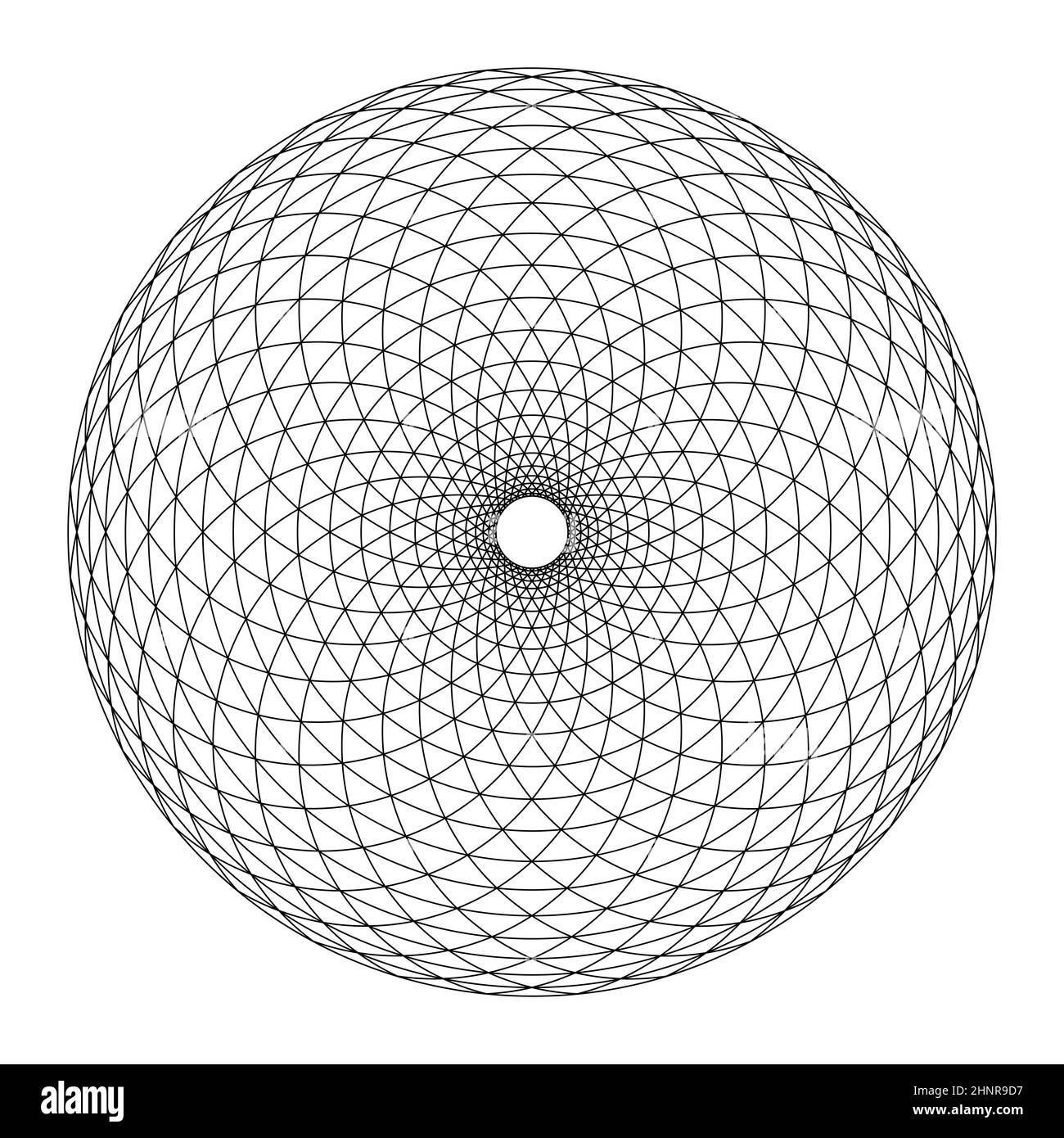 Circle with triangle Fibonacci pattern. Circular area, formed by arcs, arranged in spiral form, crossed by circles, creating bend triangles. Stock Photo