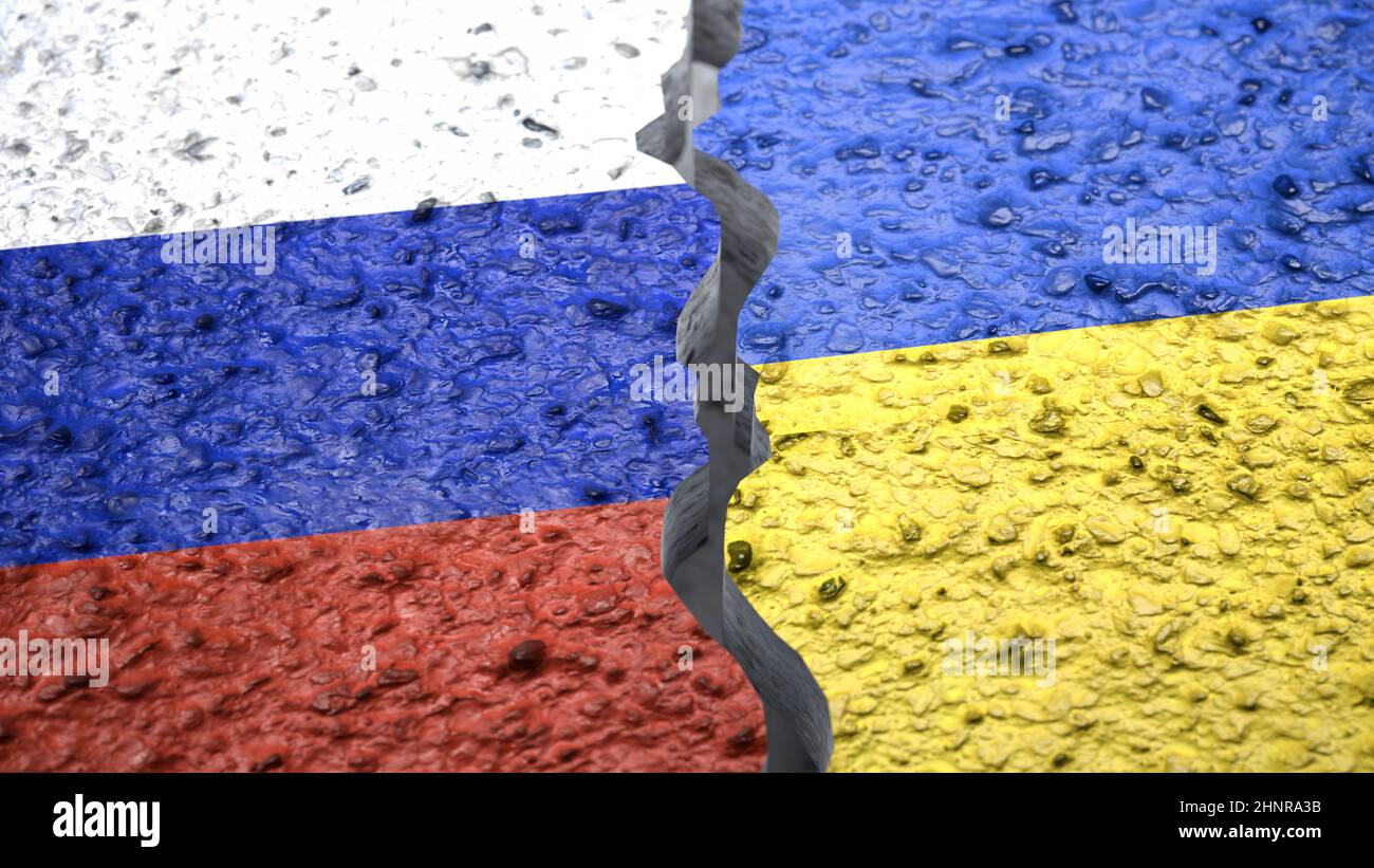 Conflict between Russia and Ukraine concept. Russian and Ukranian flag on a cracked concrete background illustration Stock Photo