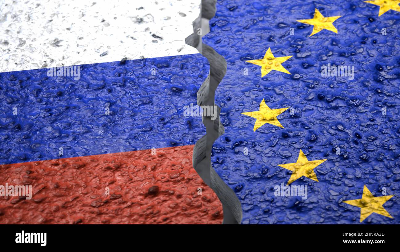Confrontation of Russia and Europe concept. Russian and EU flag on a cracked concrete background illustration Stock Photo