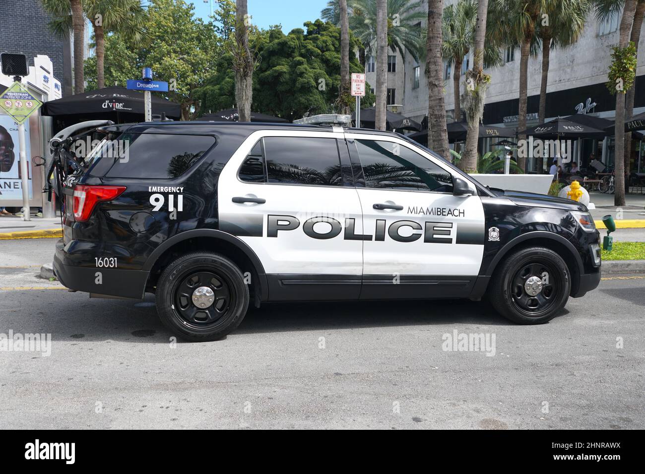Miami Beach, Florida, U.S.A - February 17. 2022 - A white and black police SUV on the street Stock Photo