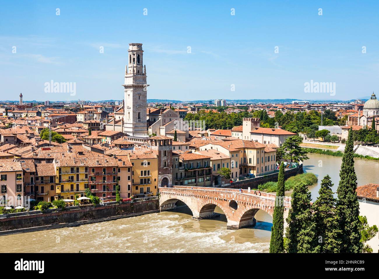panorama of Verona with view of the old dome and the roman bridge Stock Photo
