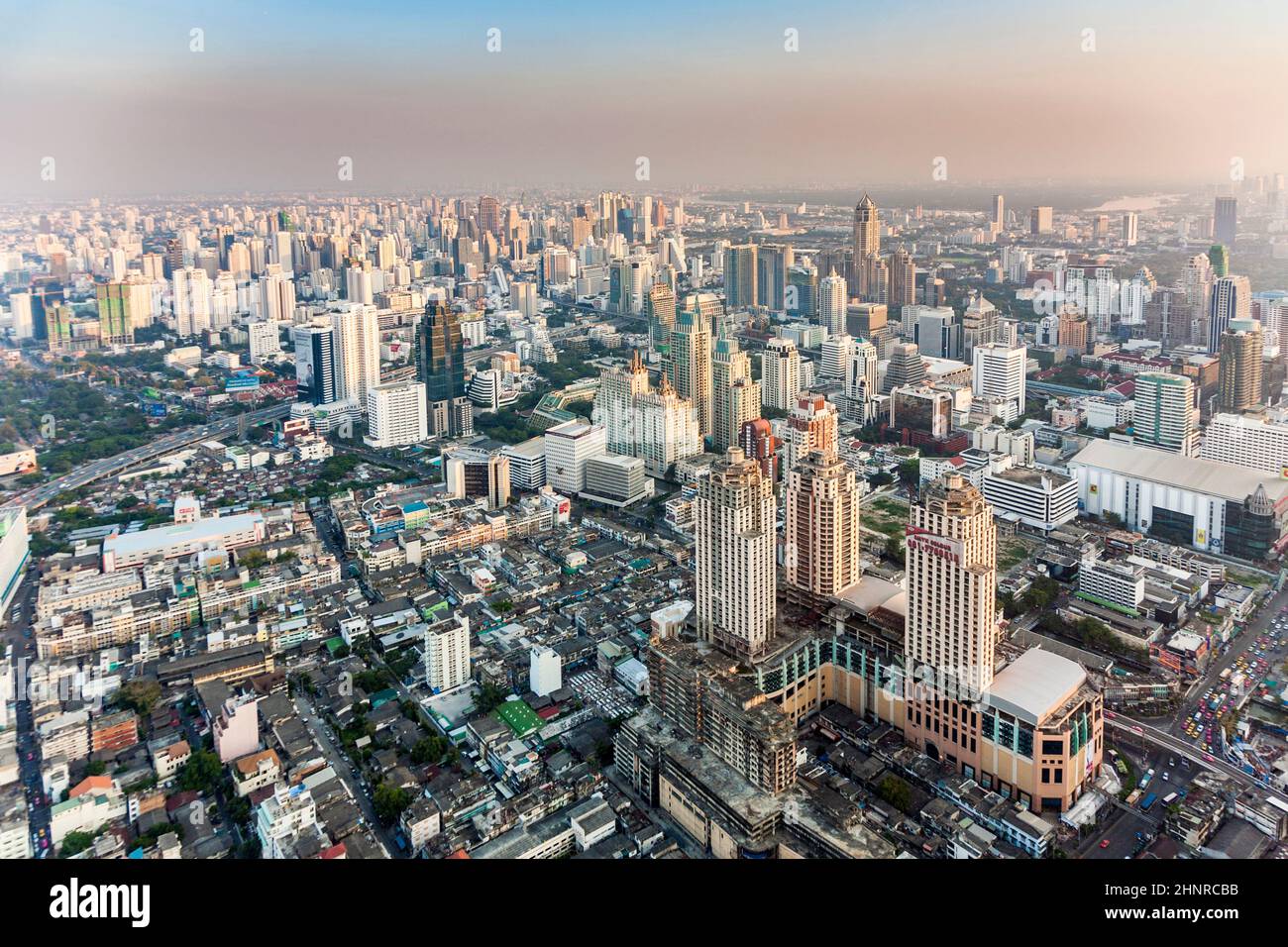 view to skyline of Bangkok in late afternoon with highways and  skyscraper Stock Photo