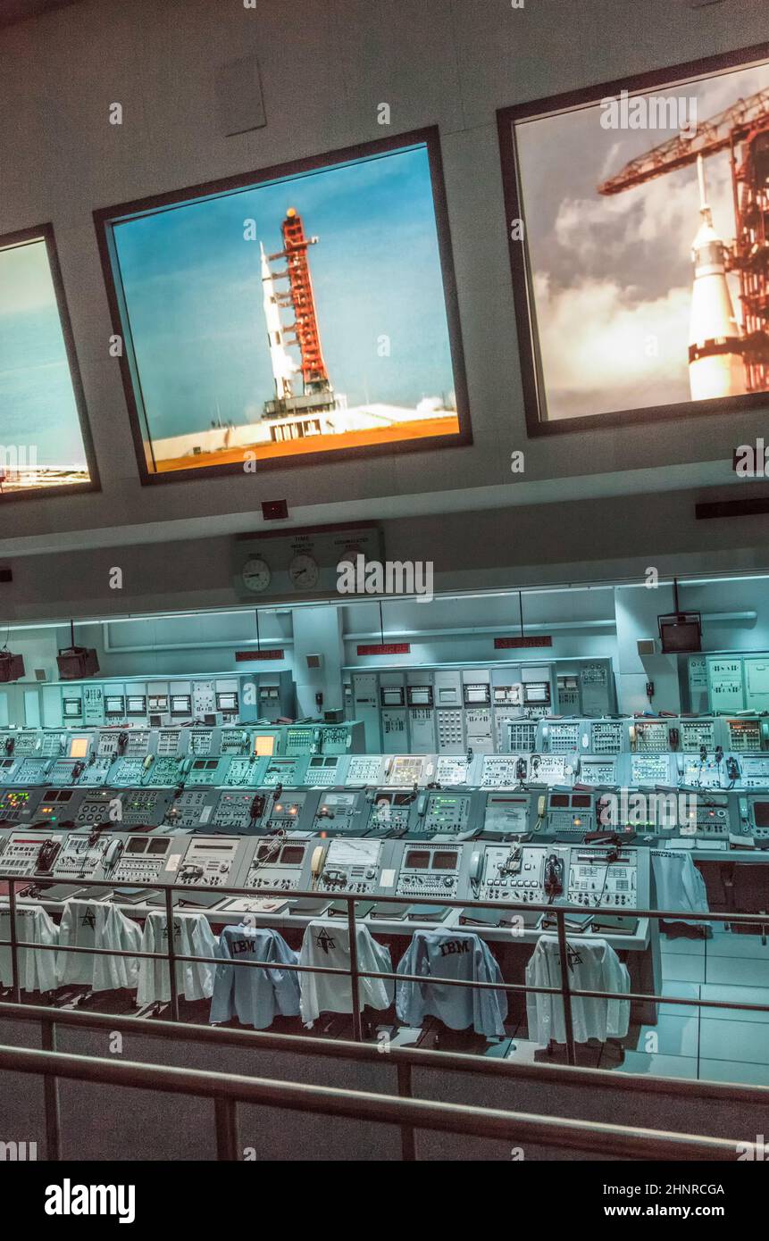 Apollo 1960s mission control equipment on display in Kennedy Space Cente Stock Photo