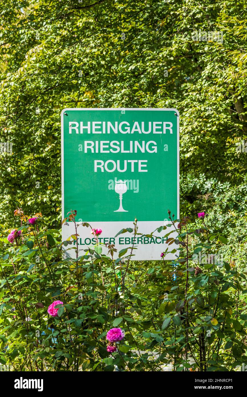 sign Rheingau Riesling Route at the Eberbach cloister Stock Photo