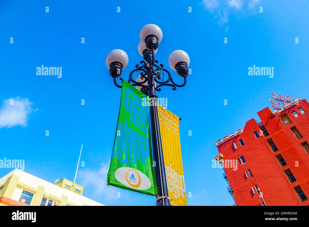 facade of historic hotel St. James in gas lamp district in San Diego